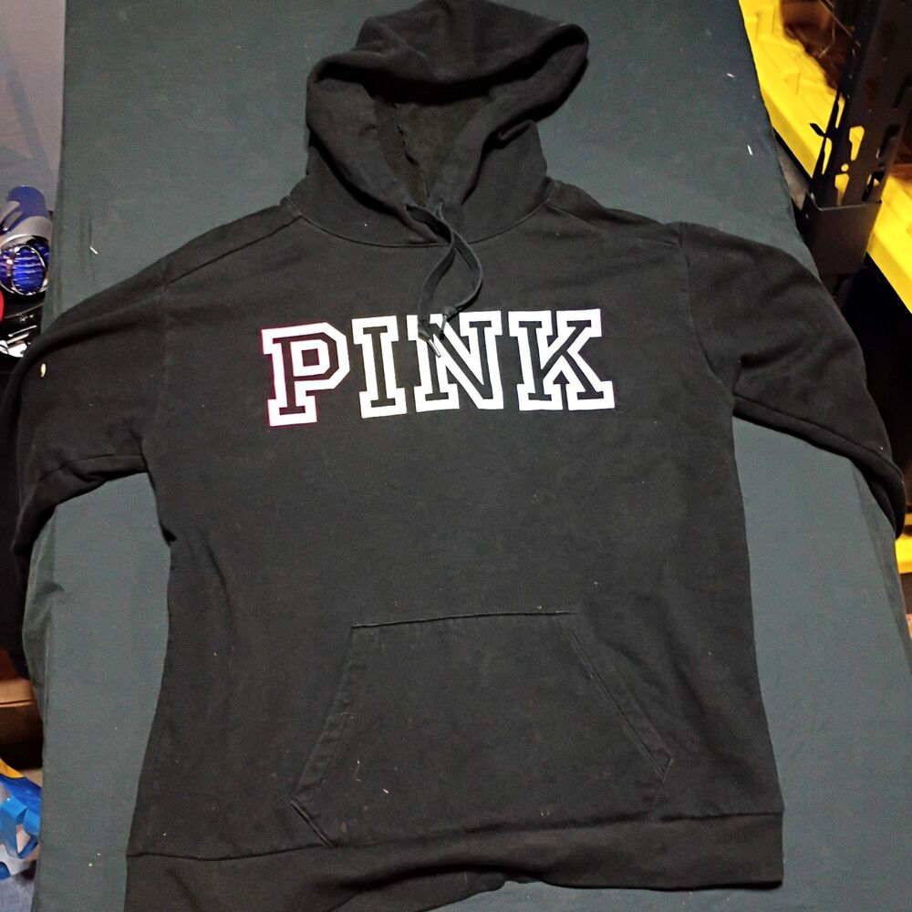PINK Victoria's Secret Women's Black Logo Fleece Pullover Hoodie Pockets M